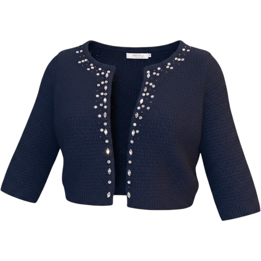 Ezra Fitch Navy Blue 100% Cashmere Rhinestone Cropped Bolero Shrug Cardigan L